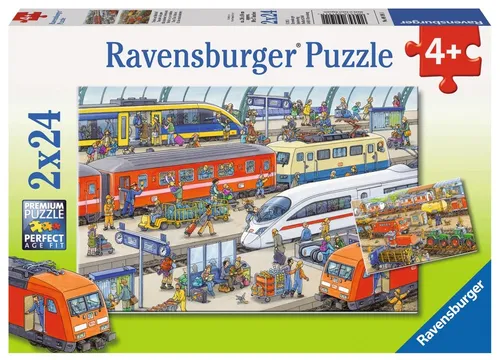 Ravensburger Kinderpuzzle - Trubel am Bahnhof, 2x24 Teile - Zwei spannende Puzzlemotive für Kinder ab 4 Jahren, ideal zur Förderung von Motorik und Konzentration. Extradicke Teile und inklusive Mini-Poster für noch mehr Spaß!