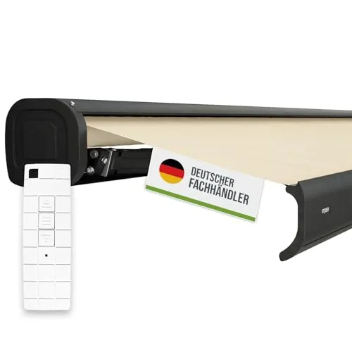 empasa Elektrische Kassettenmarkise 'Classic' - Gelenkarmmarkise in Elfenbein, 3 x 2.5 m - EINFACHER SONNENSCHUTZ AUF KNOPFDRUCK: Elektromotor mit Funk-Fernbedienung für komfortable Nutzung. KOMPLETT VORMONTIERT: Keine Montage erforderlich, stabil und langlebig dank robuster Alu-Kassette.