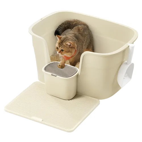 FEANDREA Katzentoilette für große Katzen mit hohen Seitenwänden - Praktische Katzentoilette mit Schaufel und Streumatte für einfache Reinigung. Ihre große Lösung für ein sauberes Zuhause! Robustes Design aus PP-Kunststoff, ideal für große Katzen.
