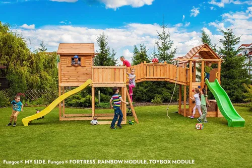 FUNGOO Spielturm MAXI SET SIZED PLAZA mit Schaukel & Rutsche - Spielplatz für Kinder ab 3 Jahren mit Klettererweiterung, Spielhaus und Sandkasten - ein kreatives Abenteuer für stundenlangen Spielspaß im Freien!