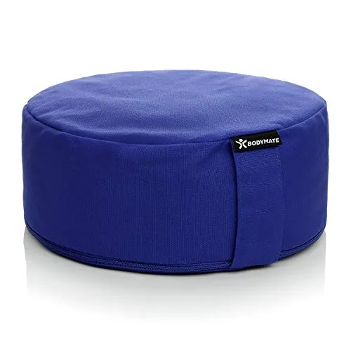 BODYMATE Yogakissen rund 31cm Durchmesser 13cm hoch Dunkelblau mit Buchweizen-Spelz Füllung – Maschinenwaschbarer Bezug aus 100% extra dicker Baumwolle – Meditationskissen – Sitzkissen