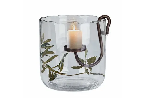 Loberon Windlicht Vermand - Deko Windlicht für Kerzen, mundgeblasen in klar antikbraun mit herausnehmbarem Eisen-Kerzenhalter für romantische Atmosphäre