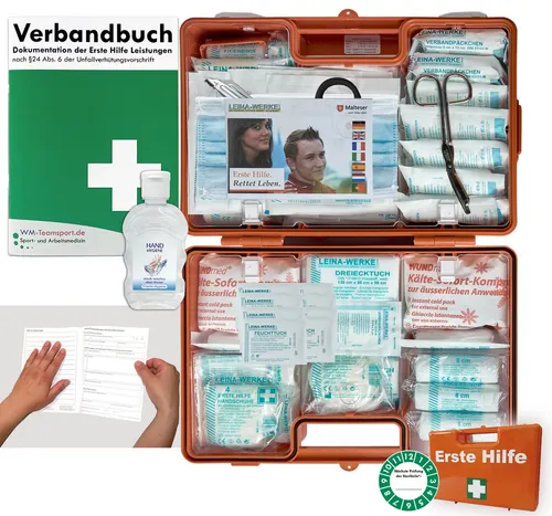 WM-Teamsport Erste-Hilfe-Koffer DIN 13169 mit Hygiene-Gel - Erste-Hilfe-Koffer nach DIN 13169, ideal für Betrieb und Haushalt. Inklusive Hygiene-Gel und praktischer Prüfplakette für schnelle Nachverfolgung der Sterilprodukte. Robust und mobil - für jeden Einsatz vorbereitet!