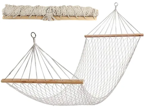 Hängematte Netz mit Holzstangen 190cm 150kg Garten Boho weiß