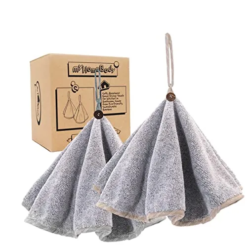 myHomeBody Handtücher für Badezimmer, Küchenhandtücher mit Aufhängeschlaufe, Weiche, saugfähige Kohlefaser-Rundhandtücher mit Kokosnussschalenknopf zum Aufhängen, Set of 2 Grey Towels