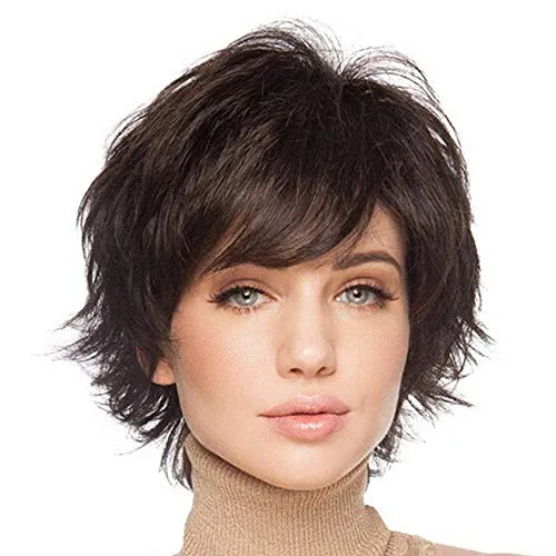 HAIRCUBE Pixie Cut Perücke Menschenhaar Perücken für Frauen Hübsches kurzes Haar mit Bangs Natürliche Menschenhaar Perücke (Dunkelbraun)