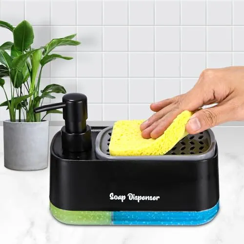 Spülmittelspender Küche Set,Seifenspender Schwarz mit Tablett und Schwammhalter,Waschmittel Wiederbefüllbar,Geeignet für Küchenspüle
