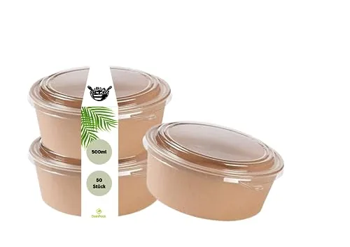 DeinPack 50 Salatschale to go mit Deckel braun rund 500 ml I Recycellbare Schalen Kraftkarton Verpackung mit PLA Innenbeschichtung I mit rPET Deckel das wiederverwendbar ist