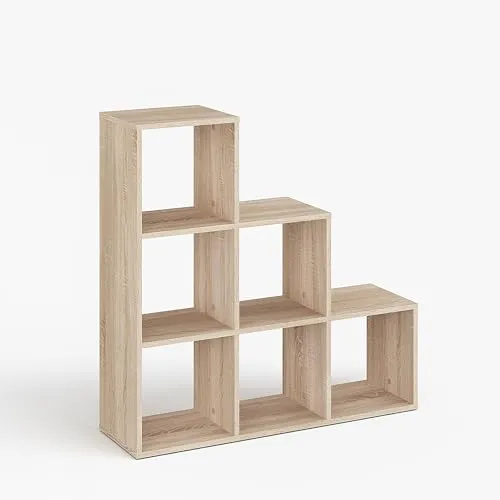KOMTO Treppenregal Stufenregal - 6 Fächer Bücherregal in Sonoma Eiche - Vielseitiges Bücherregal mit 6 geräumigen Fächern für Bücher und Dekoration, stabil und belastbar bis 15 kg pro Fach, ideal als Raumteiler oder dekoratives Möbelstück.