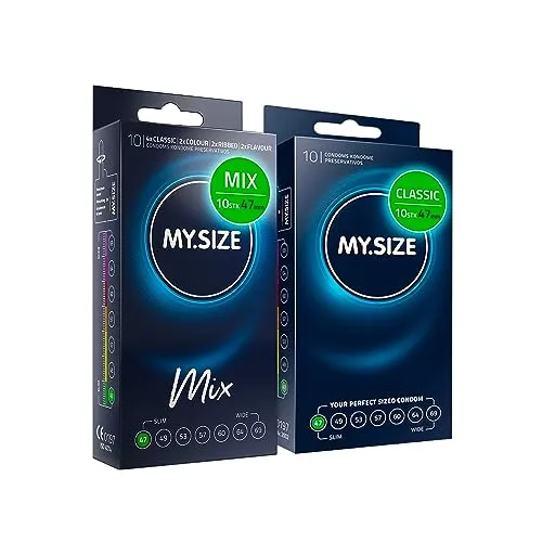 MY.SIZE Mix Premium Kondom Set, 10 Classic Kondome plus 10 Kondome in | 4 Varianten: Classic, Genoppt, Blau & Rot | Vorteilspackung | Größe 1, 47 mm
