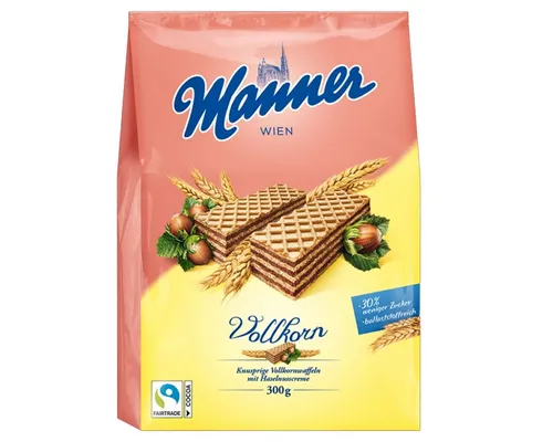 Manner Kekse, zuckerreduzierte Vollkornwaffeln mit Haselnusscremefüllung 300g - Knusprige Vollkornwaffeln mit 12% Haselnusscremefüllung, ideal für den Genuss zwischendurch. Perfekt für eine bewusste Nascherei!