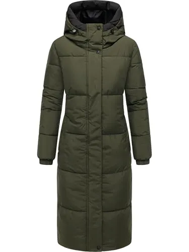 Navahoo Damen langer Wintermantel Steppmantel mit 2-Wege-Reißverschluss und verstellbarer Kapuze - Stylischer Steppmantel für Damen mit wasserabweisendem Material und kniebedeckender Länge. Ideal für kalte Tage, bietet er sowohl Wärme als auch Bewegungsfreiheit. Perfekt kombinierbar mit Jeans und Boots.