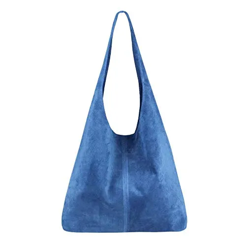 Made in Italy Damen echt Leder Tasche Rindsleder Shopper Schultertasche Umhängetasche Handtasche Beuteltasche Hobo Bag Ledertasche Reisetasche Sport Arbeit Urlaub Daily Bag groß Jeansblau Wildleder