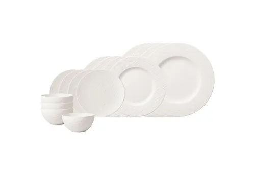 Villeroy & Boch Manufacture Rock Blanc Starter-Set 16-teilig - Elegantes 16-teiliges Starter-Set aus hochwertigem Premium Porzellan, ideal für Frühstück, Lunch und Dinner. Spülmaschinenfest und mikrowellensicher, vereint modernes Design mit Alltagstauglichkeit.