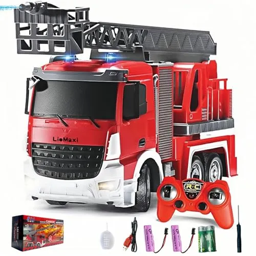 LioMaxi Maßstab 1:24 Ferngesteuerter Feuerwehrwagen, mit Wassersprühpumpe, Ferngesteuerter Feuerwehrwagen mit ausziehbarer Leiter und Lichtern, manuelle Drehleiter, wiederaufladbar, Rot