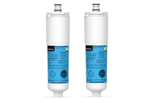 Comedes Wasserfilter 2er Set für Bosch & Whirlpool Kühlschränke - 2 hochwertige Wasserfilter im Sparset mit Kokos-Aktivkohle. Filtern Sie bis zu 1137 Liter sauberes Wasser für Ihre Kühlschränke von Bosch, Siemens, Neff und Whirlpool.