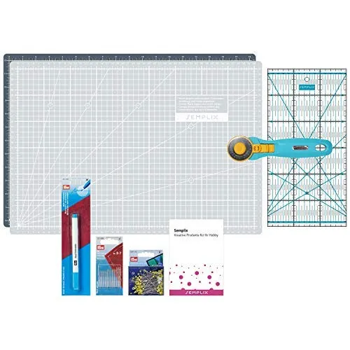 SEMPLIX Patchwork Starter Set mit Schneideunterlage (A3), Rollschneider Maxi, Lineal + Nähnadeln, Stecknadeln & Trickmarker (grau/türkis)