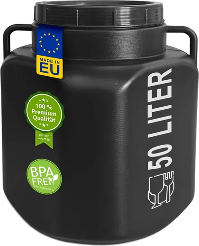 plasteo® 50 Liter Weithalsfass mit Deckel und Griffen Eckig Schwarz, Lebensmittelecht BPA-Frei, Futtertonne Kunststofffass Universalfass Deckelfass