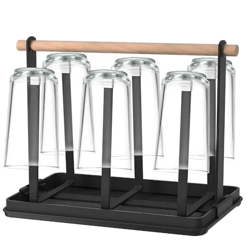 Flaschenhalter, Abtropfgestell Flaschen, Multifunktionaler 6 Flaschenständer aus Metall, mit Abnehmbarer Abtropfmatte, Geeignet für Sodawasserflasche, Flasche, Kaffeetassen, Glasbecher (Schwarz)