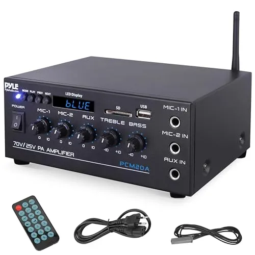 Pyle PA- Verstärker, Bluetooth Amplififer- 70 V/25 V mit 2 Mic- Eingängen, AUX, USB, SD, MP3, LED- Display & Bass/Treble Regelung, 40W, Kompakt für Beschallung & Musik