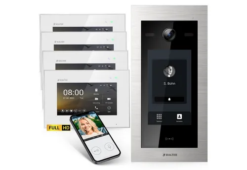 Balter EVO HD Touch Video-Türsprechanlage mit 4 Monitoren - Moderne Video-Türsprechanlage für Einfamilienhäuser mit 7-Zoll-Touchscreen und Full-HD-Kamera. Flexibel erweiterbar und ideal für Sicherheit und Komfort im Eingangsbereich.