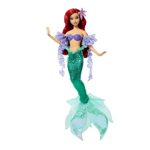 Mattel Disney Princess Meerjungfrau Arielle Glitzerprinzessin Modepuppe und Zubehör bestehend aus Einer abnehmbaren Schwanzflosse, Ärmeln und Einer Blumen-Haarspange, inspiriert vom Film, JLK25