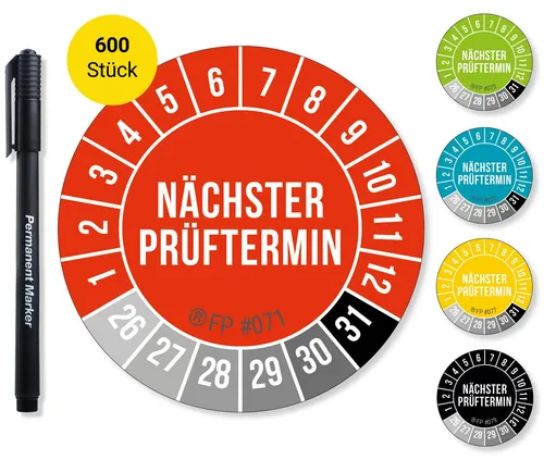Frank Paperman Aufkleber Prüfplaketten rot Ø 20 mm/30 mm, 600 Stück - Selbstklebende Prüfplaketten für Elektrogeräte und Maschinen. UV-beständig und ideal für die Dokumentation des nächsten Prüftermins. Inklusive Folienstift für einfache Beschriftung.