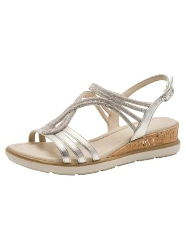 Tamaris Damen Sandalette mit Keilabsatz, metallic, 39 EU - Elegante Sandalette mit 2 cm Keilabsatz, veganem Obermaterial und TOUCH-IT Technologie für optimalen Komfort. Ideal für stilvolle Auftritte, während das pflegeleichte Futtermaterial angenehmes Tragegefühl bietet.