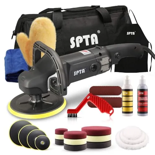 SPTA Poliermaschine 125mm/150mm/180mm - 1200 Watt Profiset mit variablem Geschwindigkeitsregler - Poliermaschinen für Auto, Boot und mehr; leistungsstarker 1200W Motor mit 6 Geschwindigkeitsstufen für optimale Anpassung an verschiedene Materialien.