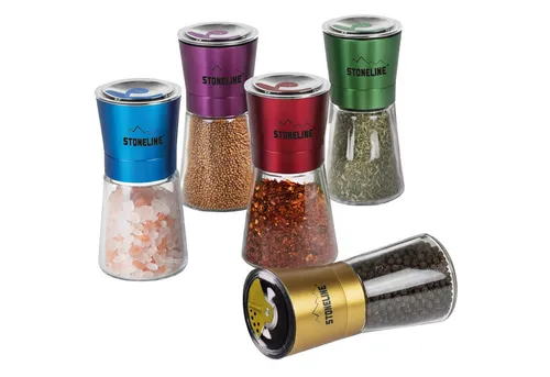 STONELINE Gewürzmühle Set 5-teilig - Küchenhelfer mit verstellbarem Keramikmahlwerk für frische Gewürze: Zerkleinern Sie Salz, Pfeffer und Kräuter stilvoll in bunten Glasbehältern.
