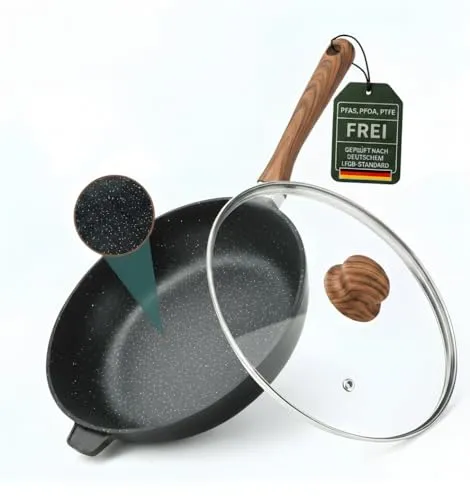 GOOLDMANN Tiefe Bratpfanne 24 CM mit Glasdeckel – Gusseisen-Aluminium Pfanne mit Keramik-Marmor Antihaftbeschichtung, Induktionsgeeignet, Spülmaschinenfest & PFOA-Frei