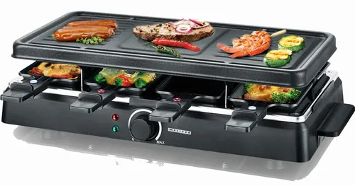 Raclette-Grill für 8 Personen 1200 Watt MELISSA 16300026 - Raclette-Gerät für gesellige Abende, inklusive Grillplatte und 8 antihaftbeschichteten Pfännchen, ideal für Familien oder Freunde.