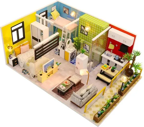 Habarri | Miniaturhaus - DIY-Puppenhaus - Holzhaus mit Möbeln und LED-Beleuchtung - Geschenk für Kinder - Das Leben in Skandinavien