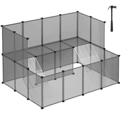 SONGMICS Freigehege für Kaninchen, Gehege für Kleintiere, 143 x 108 x 93 cm, Meerschweinchen-Gehege, Laufstall, aus Kunststoff, Hamster, grau LPC004G01