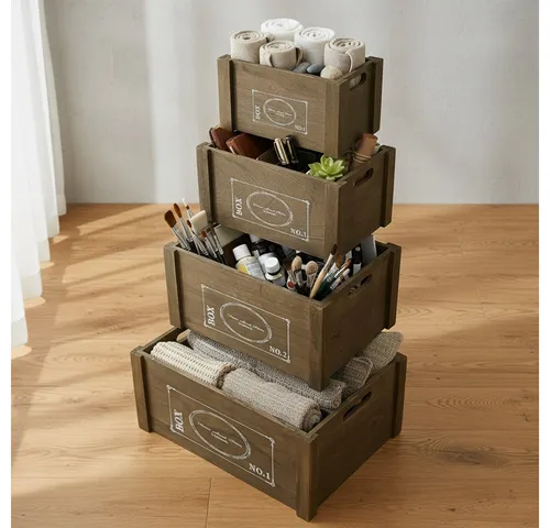 Mucola Allzweckkiste Aufbewahrungsboxen 4er Set Shabby Holzkisten Rustikal Allzweckkiste (Set, 4 St., 4 Größen), Shabby Look