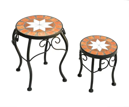 DanDiBo Blumenhocker Mosaik Rund 2er Set - Beistelltische aus stabilem Metall mit dekorativen Steinmosaik-Ablagen, ideal für Pflanzen oder als stilvolle Beistelltische in jedem Raum.
