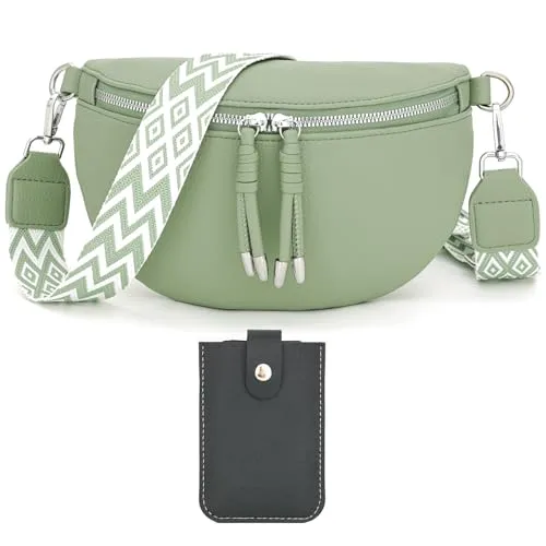 Atgbiem Bauchtasche Damen Stylisch - Umhängetasche Crossbody Bag mit Breitem Gurt und Kreditkartenhalter - Soja Grün