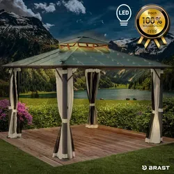BRAST Pavillon Aluminium Pagode 3,5x3,5m mit LED-Beleuchtung - Pavillon für Gartenpartys, wasserdicht und stabil mit festem Dach aus Polycarbonat; inklusive Moskitonetz und wahlweise LED-Beleuchtung für stimmungsvolle Abende.