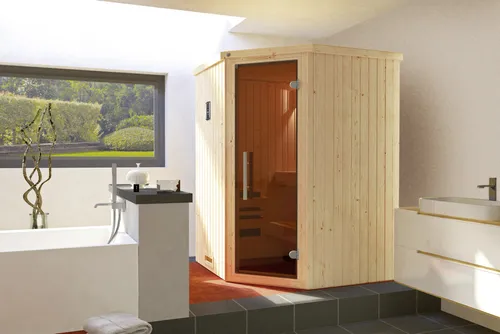 Weka Ecksauna KIRUNA 1 GT BioS - Sauna mit Bio-Saunaofen für sanfte Wärme, ideal für Entspannung und Wellness zu Hause.