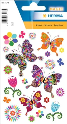 HERMA 3174 Aufkleber Schmetterlinge Glitzer klein groß, 22 Stück, Schmetterling Sticker mit Blumen, Butterfly Etiketten für Fotoalbum Tagebuch Poesiealbum Scrapbooking Dekoration Briefe DIY Basteln