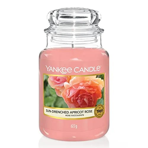 Yankee Candle Duftkerze im Glas (groß) | Sun-Drenched Apricot Rose - Kerzen & Teelichter mit bis zu 150 Stunden Brenndauer, sorgt für ein dauerhaftes Dufterlebnis mit süßen Pfirsichen und weichen Blüten. Hochwertiges Premiumwachs in klassischem Glas.