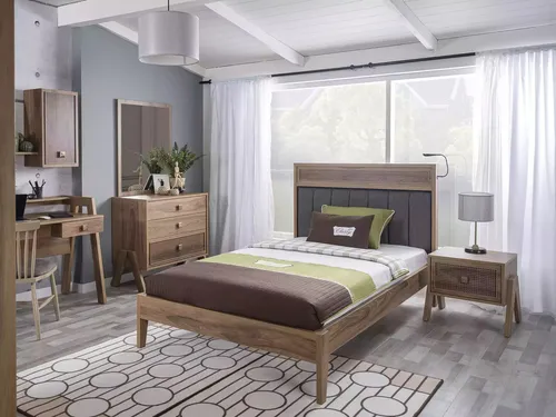 Komplettes Kinderbett Set aus Holz in Braun - 4-teiliges Set mit Bettrahmen, Kommode, Nachttisch und Spiegel. Ideal für Jungen und Mädchen, bietet viel Stauraum und elegantes Design für das Kinderzimmer.