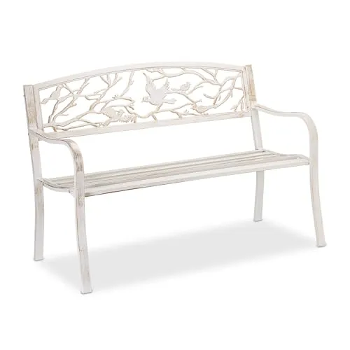 Relaxdays Gartenbank Vögel Design, Weiß-Bronze - Sitzbänke für den Außenbereich, bequeme Bank für 2 Personen mit romantischem Vogel Design und geschwungener Sitzfläche für hohen Komfort.