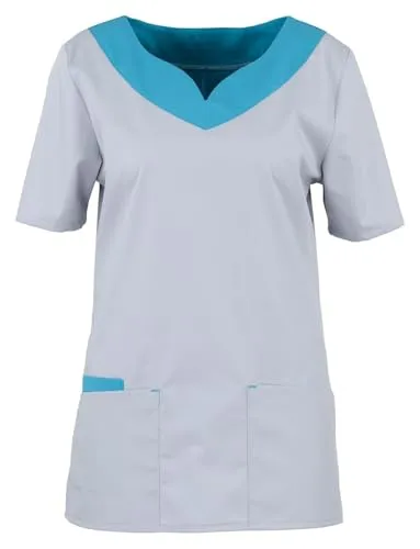 beb Medizin/Pflege Damen Kasack Kurzarm Stretch, Farbe: hellgrau/Petrol, Größe: XXL