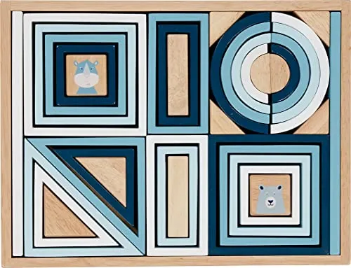 goki 58412 - Bausteine Lifestyle Azur, klassisches Motorikspielzeug in hochwertiger Holzbox für kreative Farb- und Formenerkennung