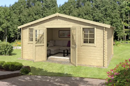 Gartenhaus UDO 380 - Blockhaus aus Holz 500x400 cm - Traditionelles Gartenhaus aus naturbelassenem Holz mit abschließbarer Doppeltür und zwei Fenstern. Ideal für Gartenlagerung und Freizeitgestaltung.
