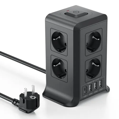 Mehrfachsteckdose mit USB-C, 8 Fach Steckdosenleiste mit Schalter, steckerleiste mit 4 USB, Mehrfachstecker 2M Verlängerungskabel, steckdosenwürfel mit Überspannungsschutz für Zuhause, Büro,Küche