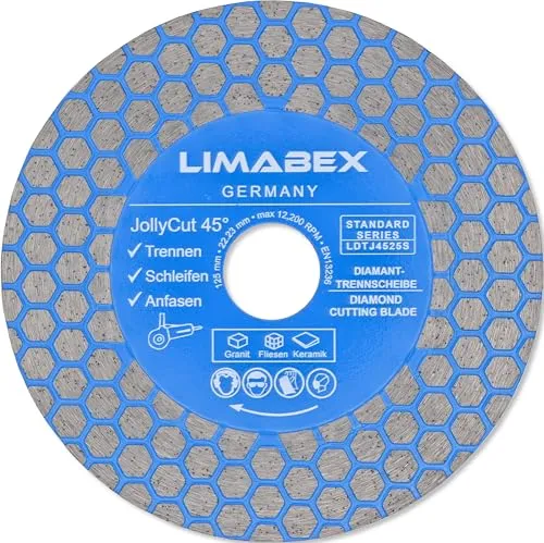 Jolly Diamanttrennscheibe 125 mm 45° für Fliesen, Keramik & Stein – Präziser Gehrungsschnitt, Saubere 45° Kanten, Anfasen, 22,23 mm Winkelschleifer – LIMABEX