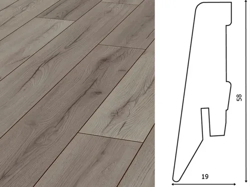 Sockelleisten Grau Modern Dekor Holz 19 x 58 mm - Moderne Dekor-Sockelleisten aus Holz, ideal für eine stilvolle Raumgestaltung. Die Clipmontage ermöglicht eine einfache und schnelle Installation. Länge: 240 cm, Farbe: Grau, für ein harmonisches Gesamtbild.