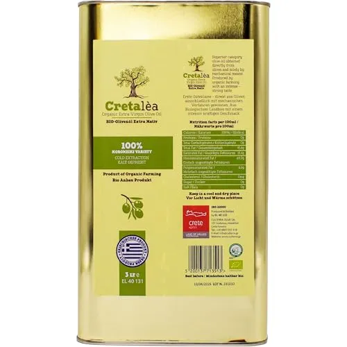 Cretalèa Bio Olivenöl 3L - Kaltgepresst aus Kreta - Speiseöle: Hochwertiges Bio Olivenöl aus frischer Ernte, kaltgepresst und extra nativ – perfekt für gesunde Küche und mediterrane Gerichte.